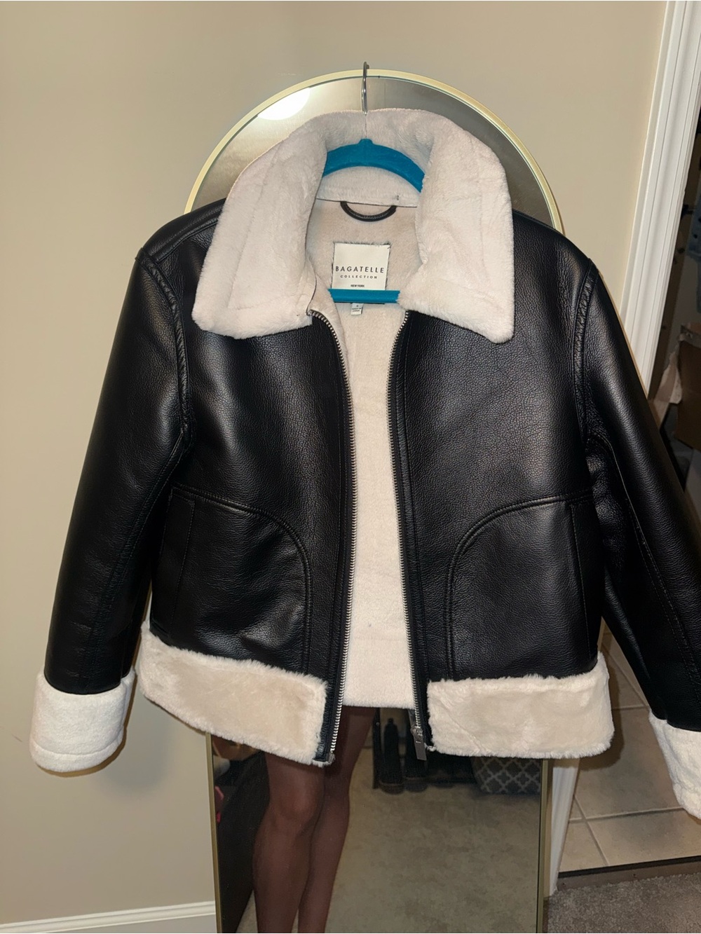 Bagatelle Black Faux-Leather Shearling Jacket with Cream Trim NWOT size Small